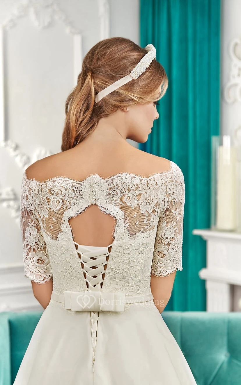 Off-the-shoulder Lace Top Appliques Dress With Bow view 3
