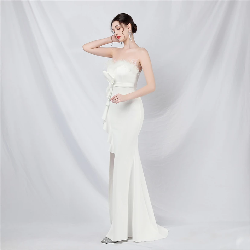 Crafted Custom-Made Ostrich Hair Off-Shoulder Tube Top Dinner Celebration Wedding Dress view 31