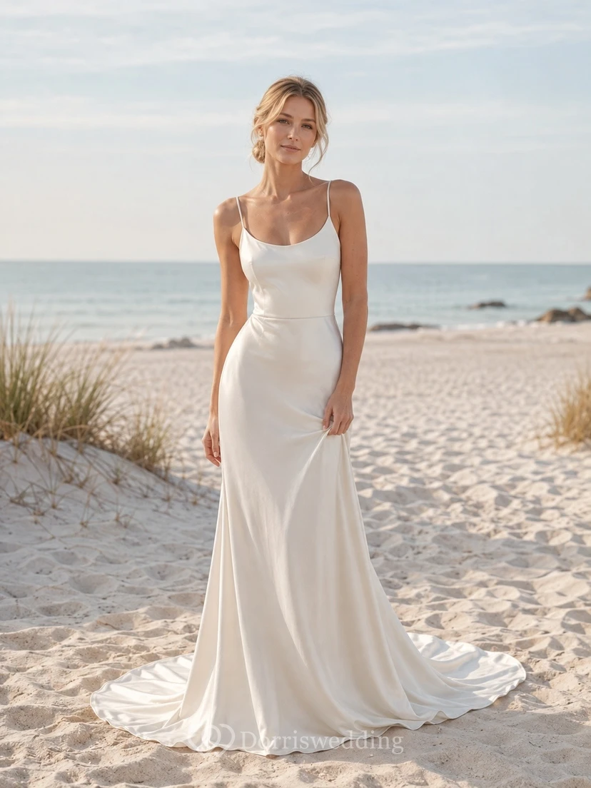 Vestido de novia sencillo de tirantes finos