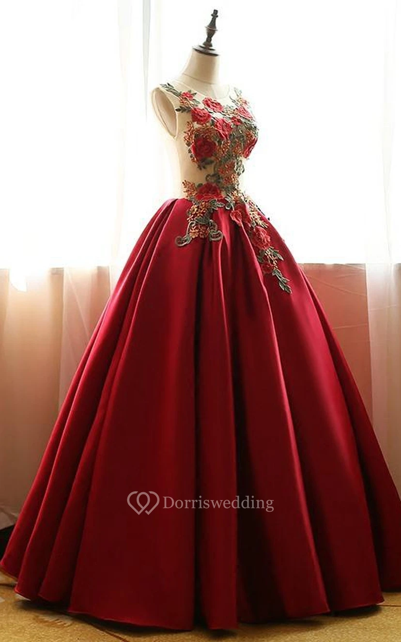 Ball Gown Long Scoop Sleeveless Bell Embroidery Lace-Up Back Lace Satin Dress view 3