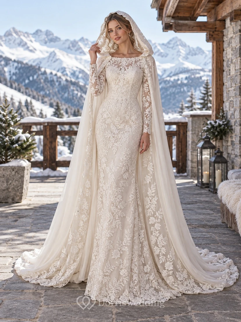 Vestido de novia tipo capa con capucha, escote barco y encaje floral, manga larga