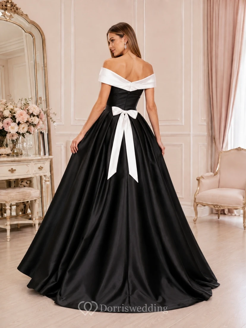 Vintage Black White Satin Ball Gown Floor-Length Off-Shoulder Bow Back Formal Dress view 2