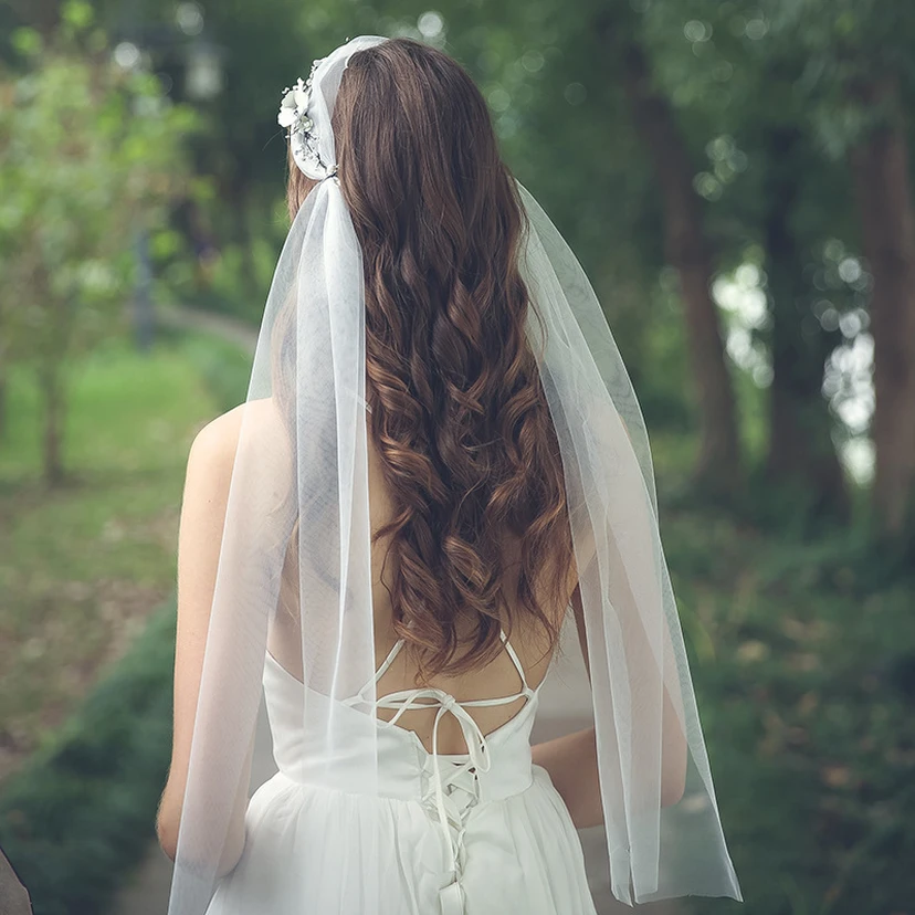 Simple Soft Tulle Bridal Veils with Beads view 4