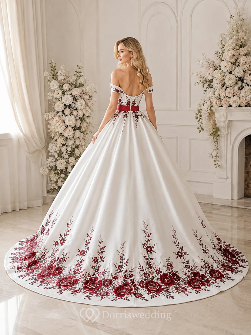 Rotes Brautkleid aus Satin mit floralen Applikationen, schulterfrei, kurzen Ärmeln und A-Linien-Schnitt, bodenlang view 2