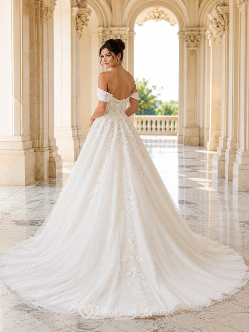 Romantic Lace Tulle Off shoulder Short A-Line Chapel Appliques Refined Zipper Back Wedding Dress view 2
