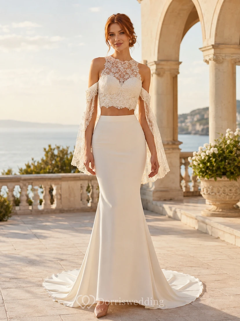 Beach Satin Lace Wedding Dress Mermaid High Neck Long Sleeve Sweep Train Bridal Gown