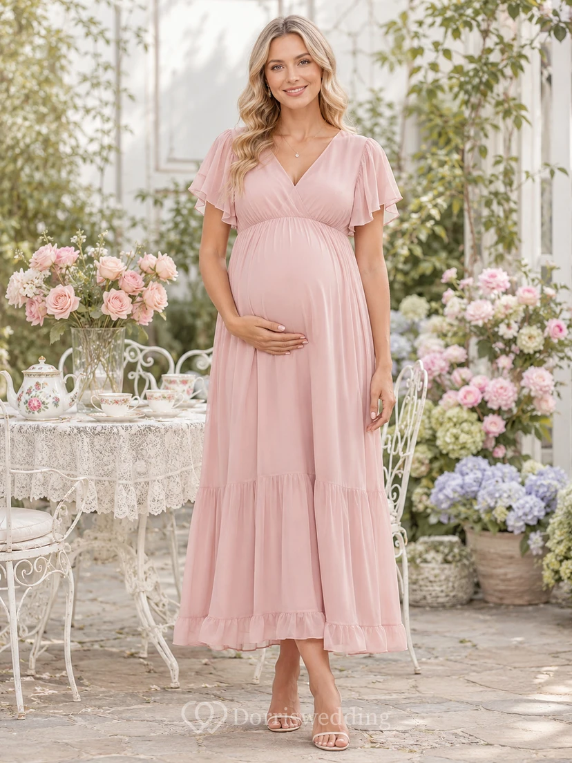 Robe de soirée rose poudré de maternité à col en V, manches papillon et volants en mousseline de soie, longueur thé