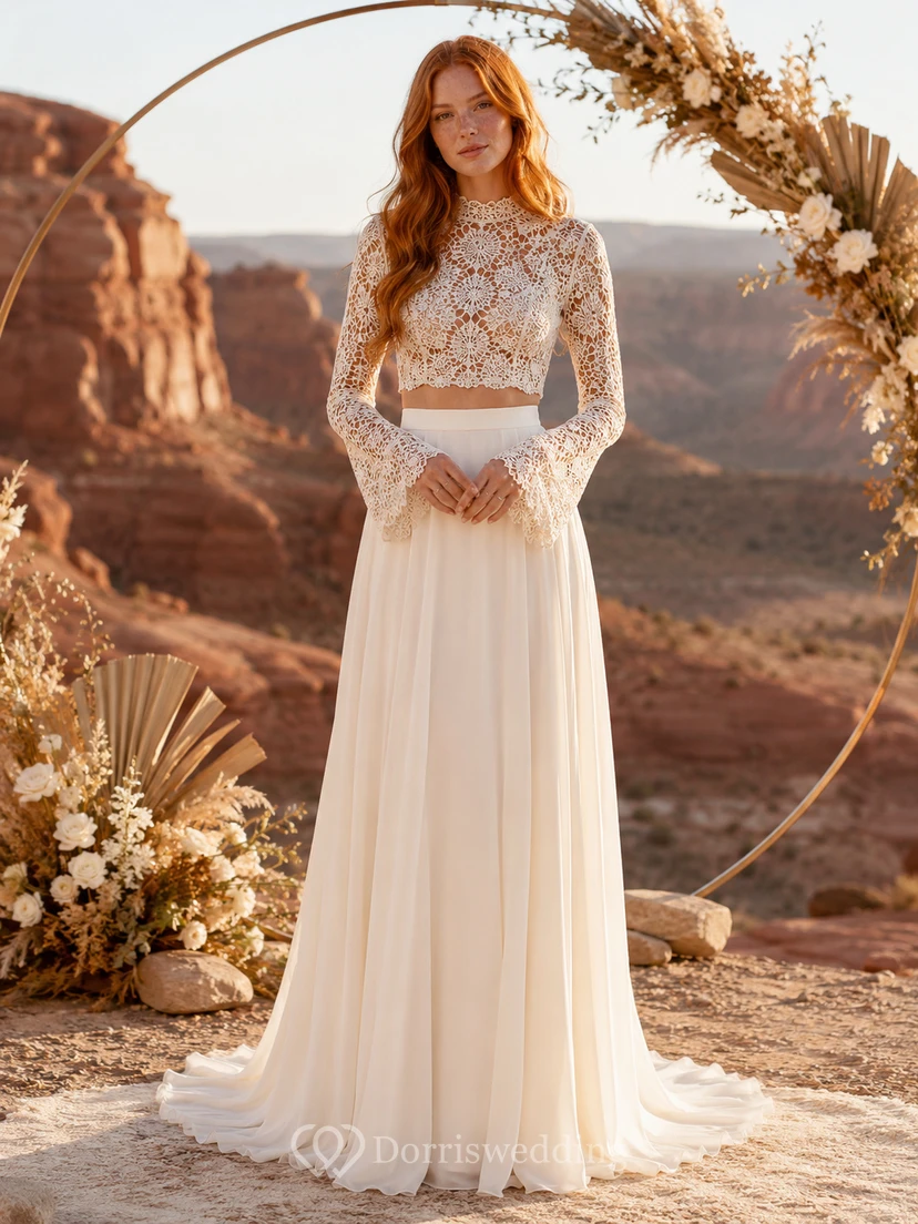 Conjunto de novia Canyon de gasa con encaje geométrico de ganchillo y cuello alto