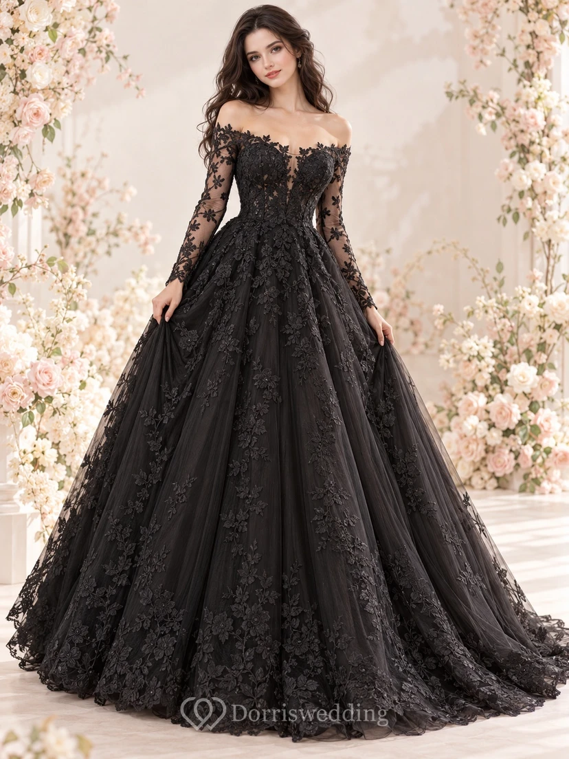 Black Long Sleeve Off Shoulder Floral Lace Wedding Dress