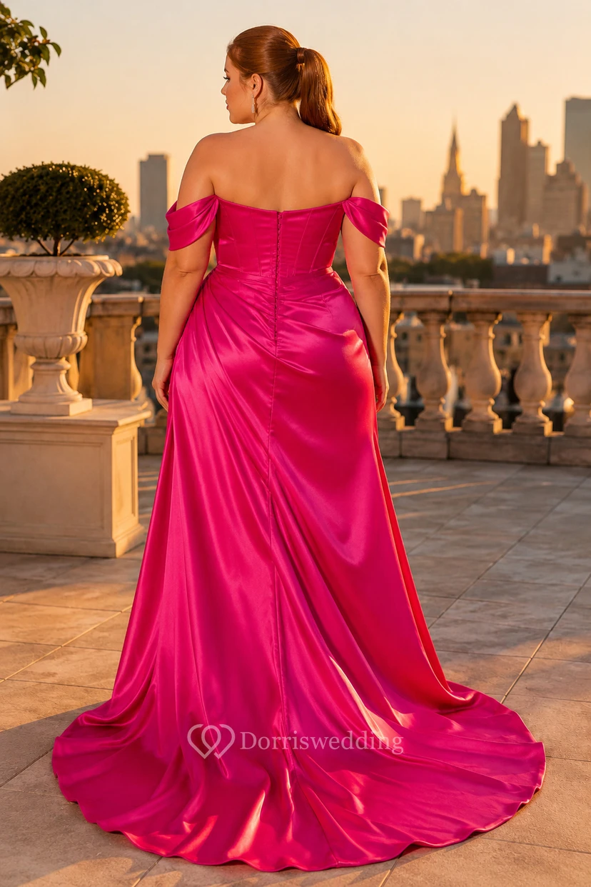 fuchsia plus size formal dresses Zapakasa Women Plus Size Fuchsia Prom Dress Off the Shoulder Evening Dress With Long Sleeves