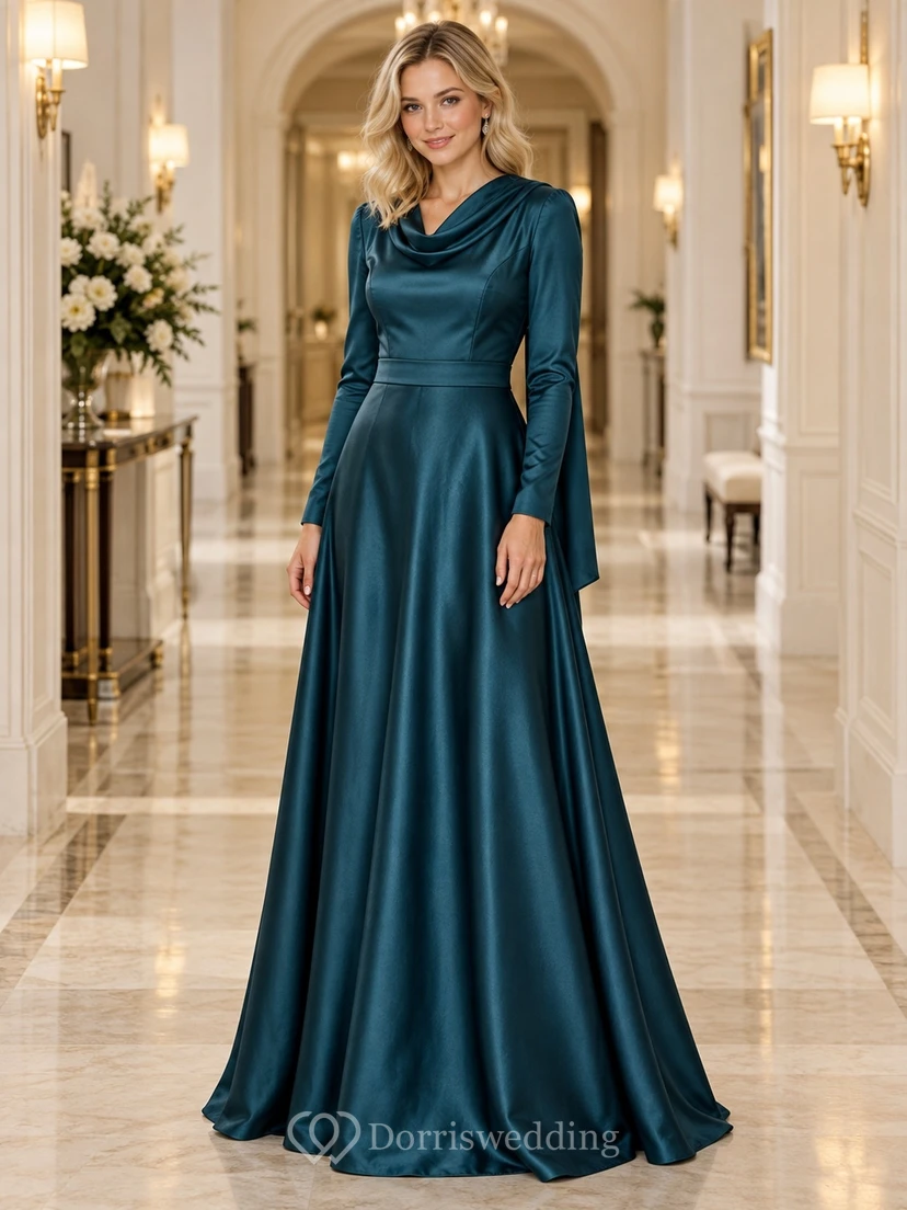 Vestido de dama de honor de satén azul verdoso oscuro de manga larga con cuello tipo bufanda