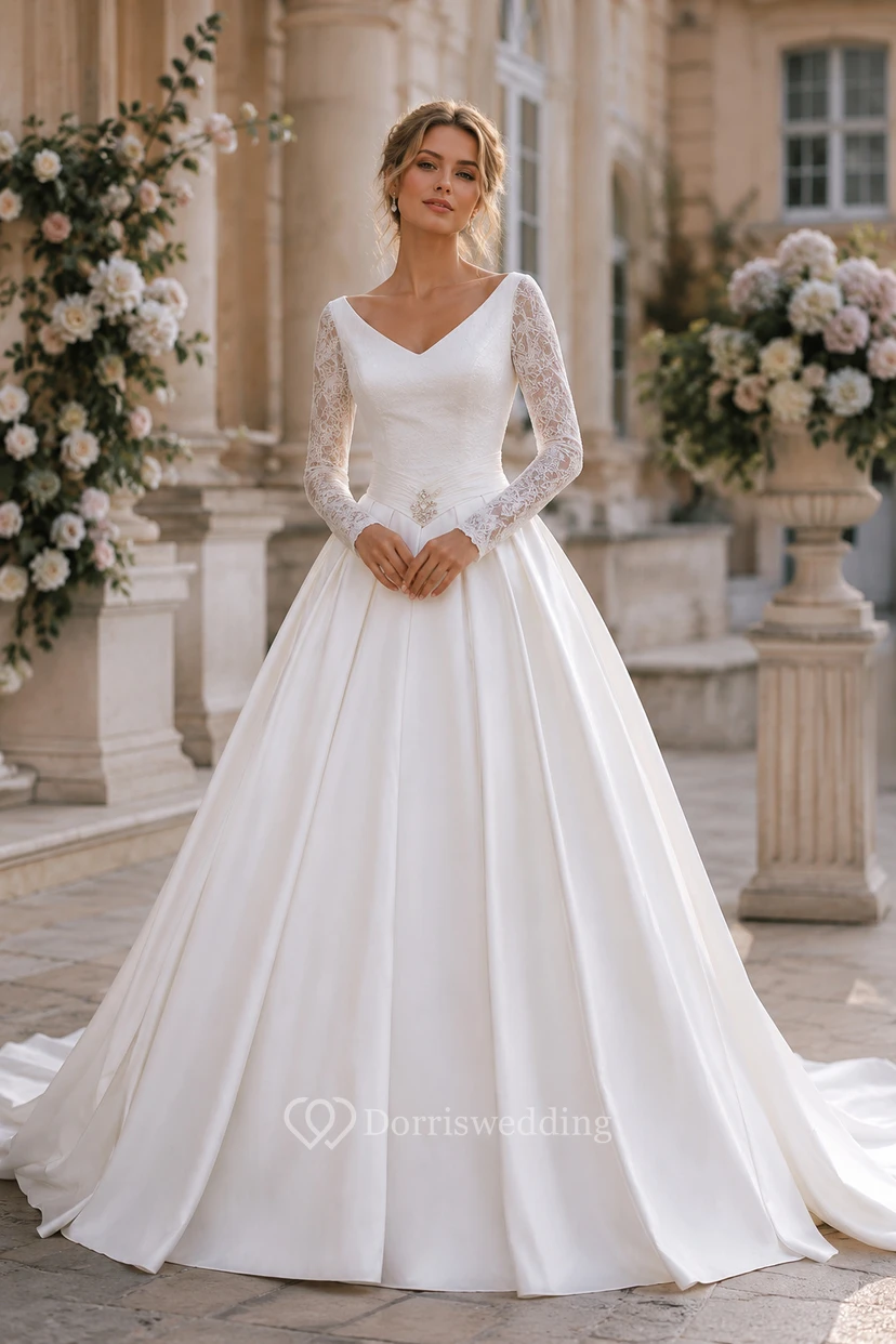 A-Linien-Ballkleid, Teelänge, V-Ausschnitt, lange Ärmel, Perlenbesatz, Jacke aus Chiffon, Tüll, Spitze, Pailletten, Organza, Satin view 2