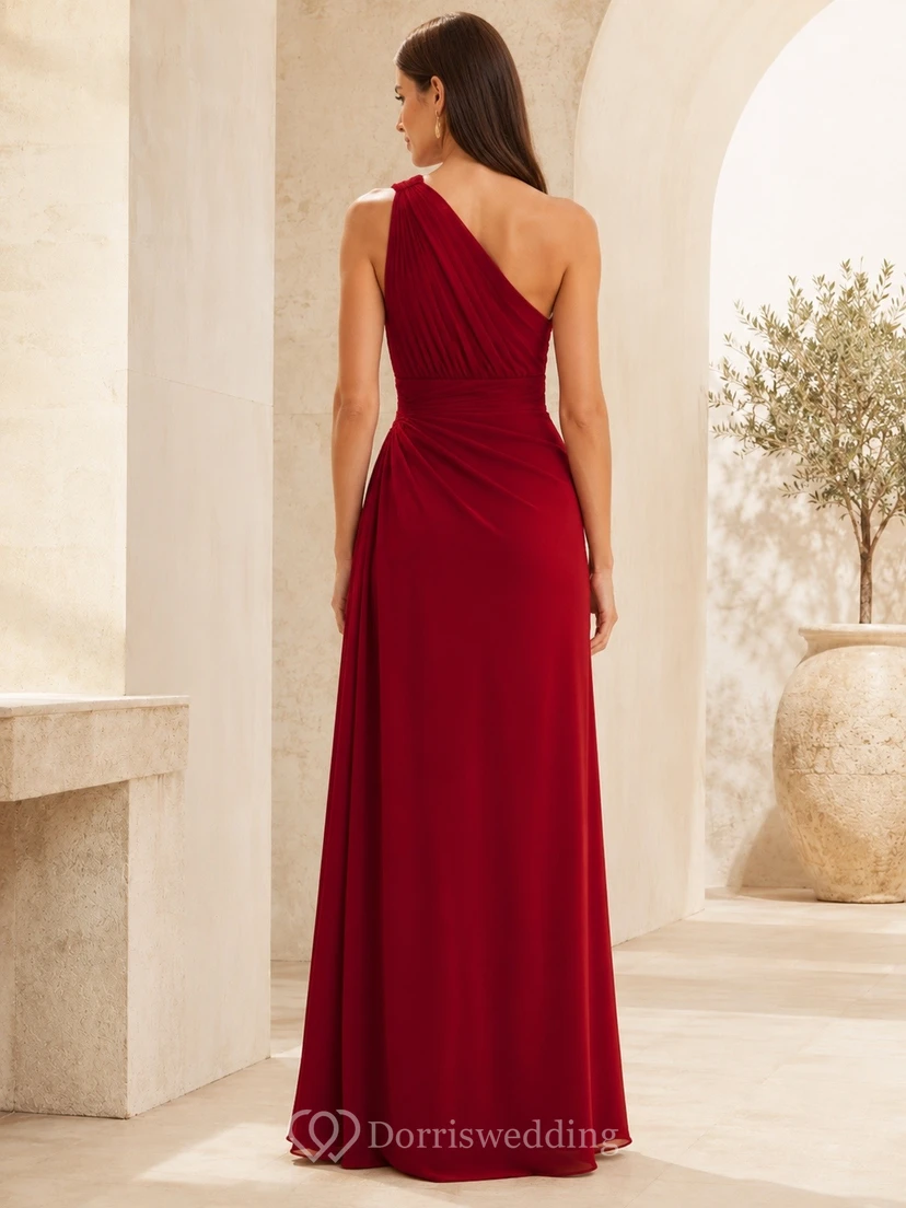 Vestido de noche rojo de jersey con un solo hombro, sin mangas y abertura frontal view 2