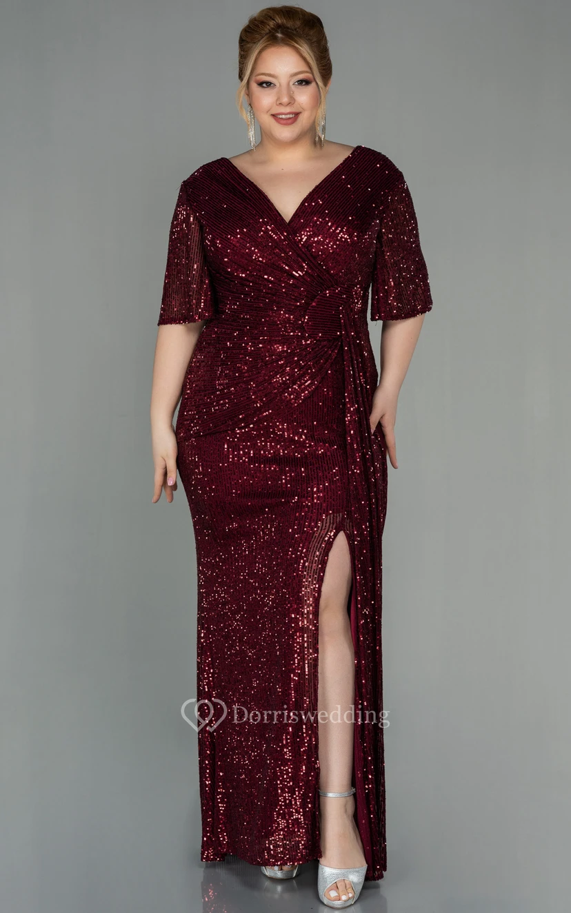 Poet-sleeve Empire Front Split Ruched Plus Size Mother of Bride Dress view 3