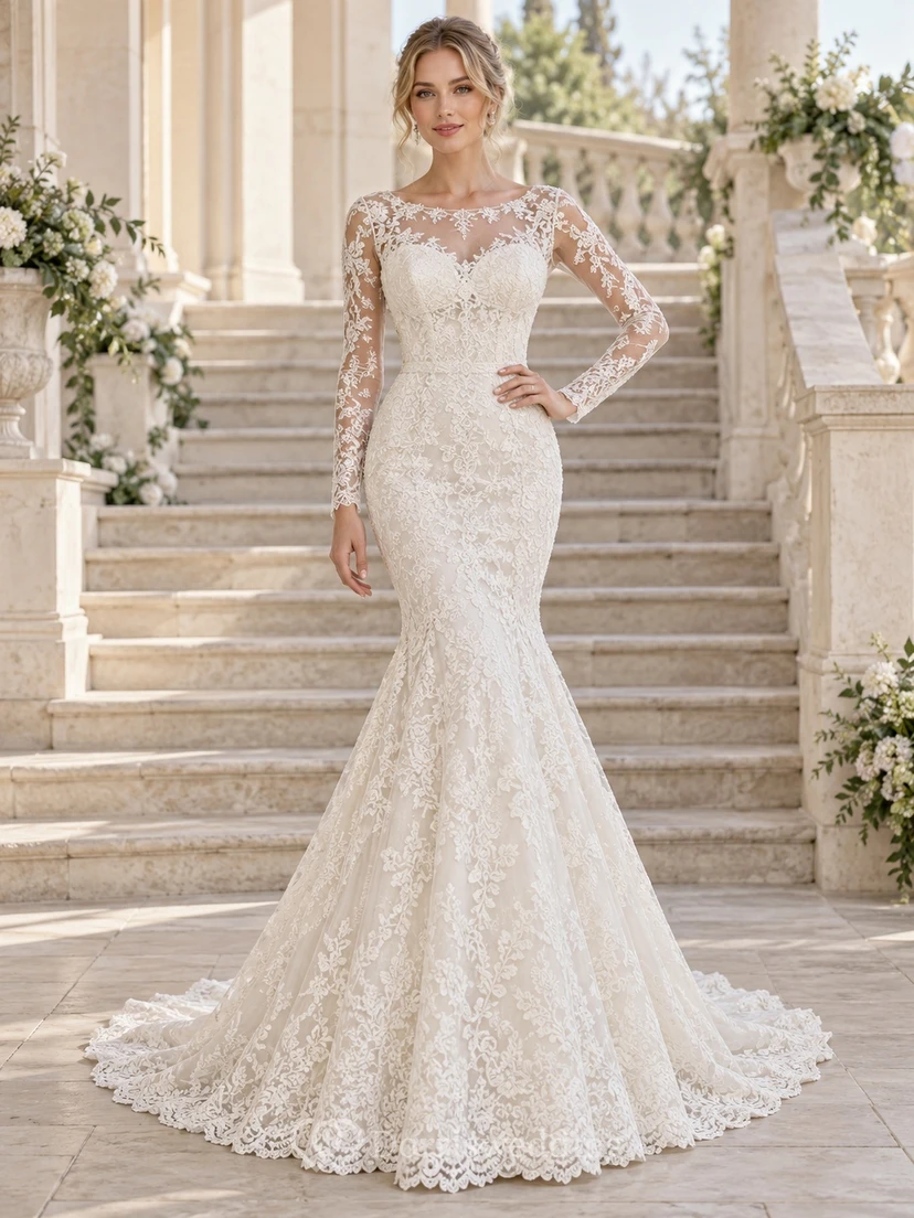 Vintage Long Sleeve Illusion Sweetheart Lace Mermaid Bridal Wedding Dress
