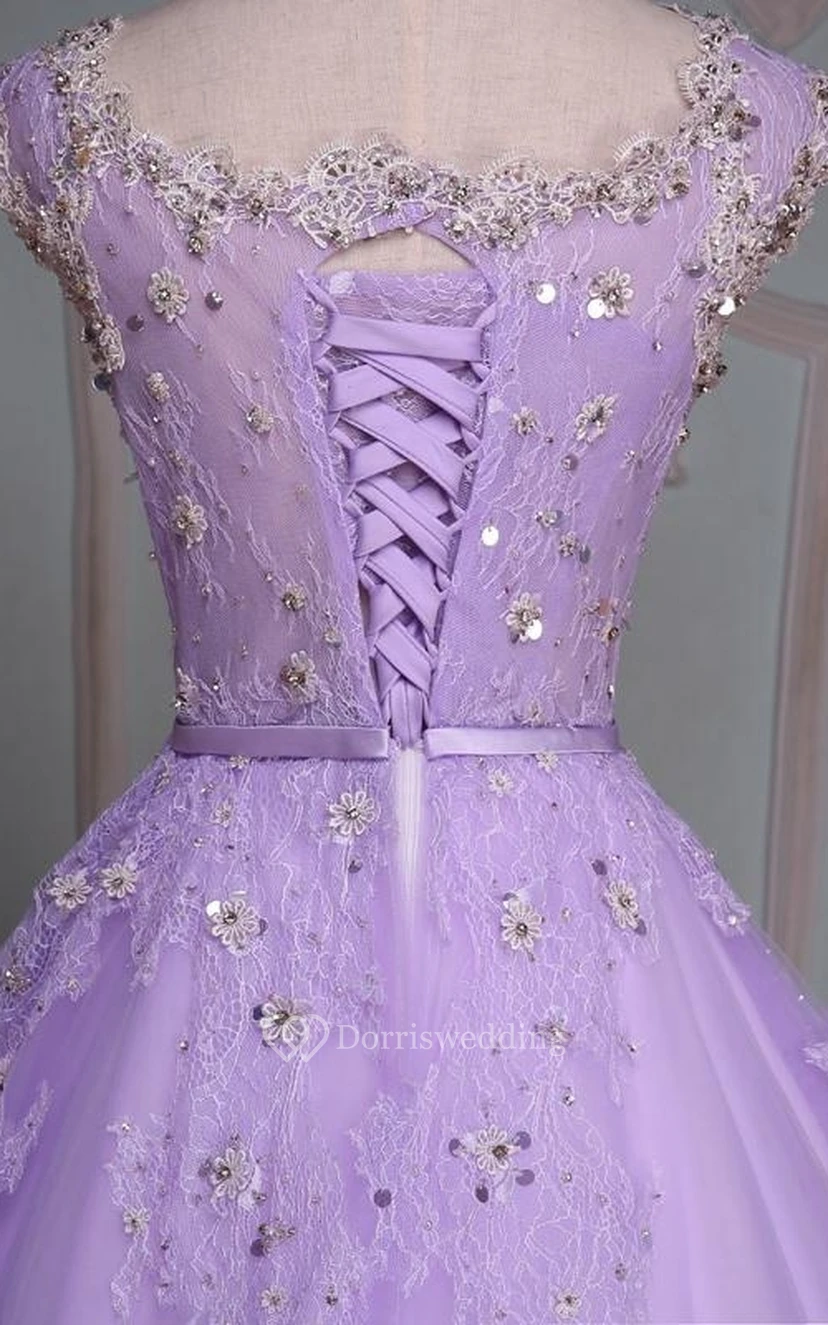Ball Gown Floor-Length V-Neck Bell Cap Beading Flower Corset Back Tulle Lace Sequins Dress view 15