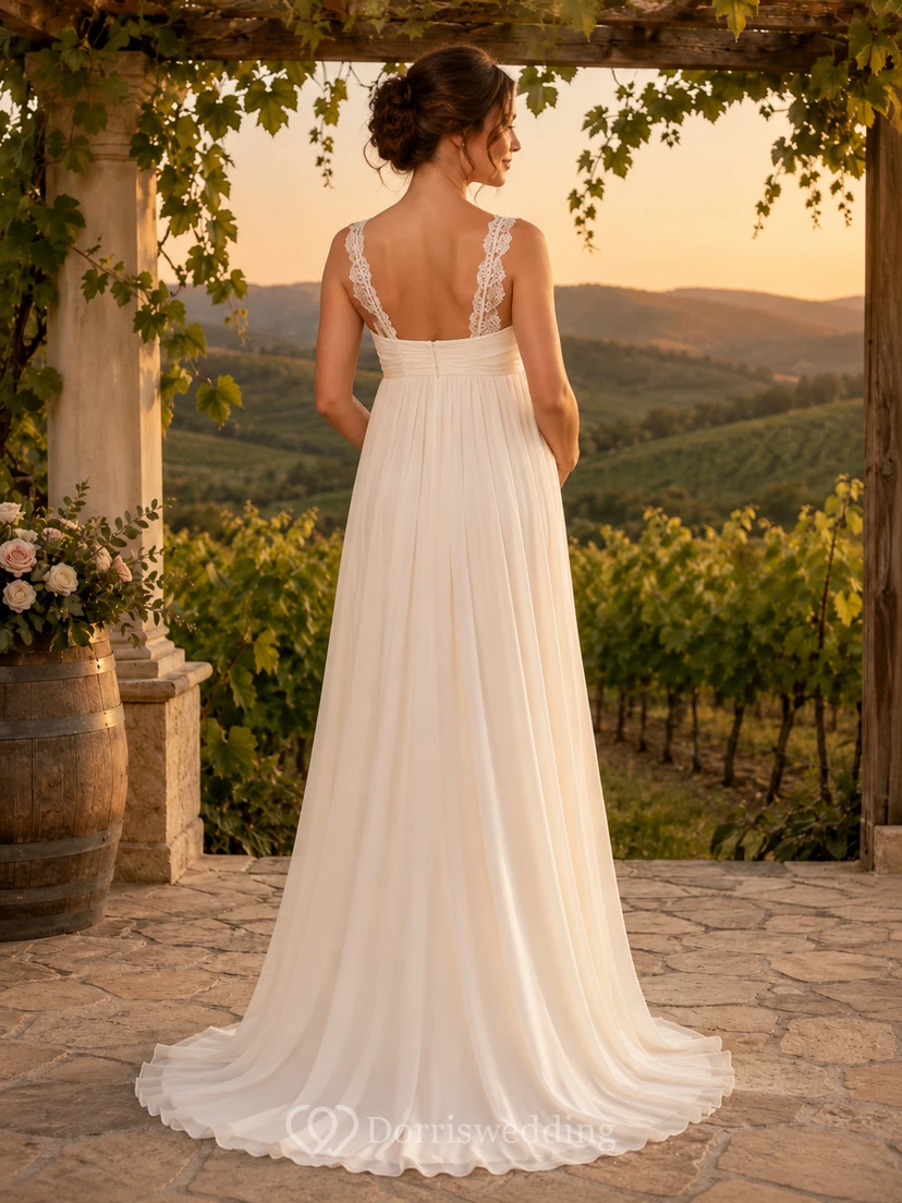 Maternity Wedding Dress Square Neck Lace Strap Simple Vineyard Bridal Gown with Train view 2