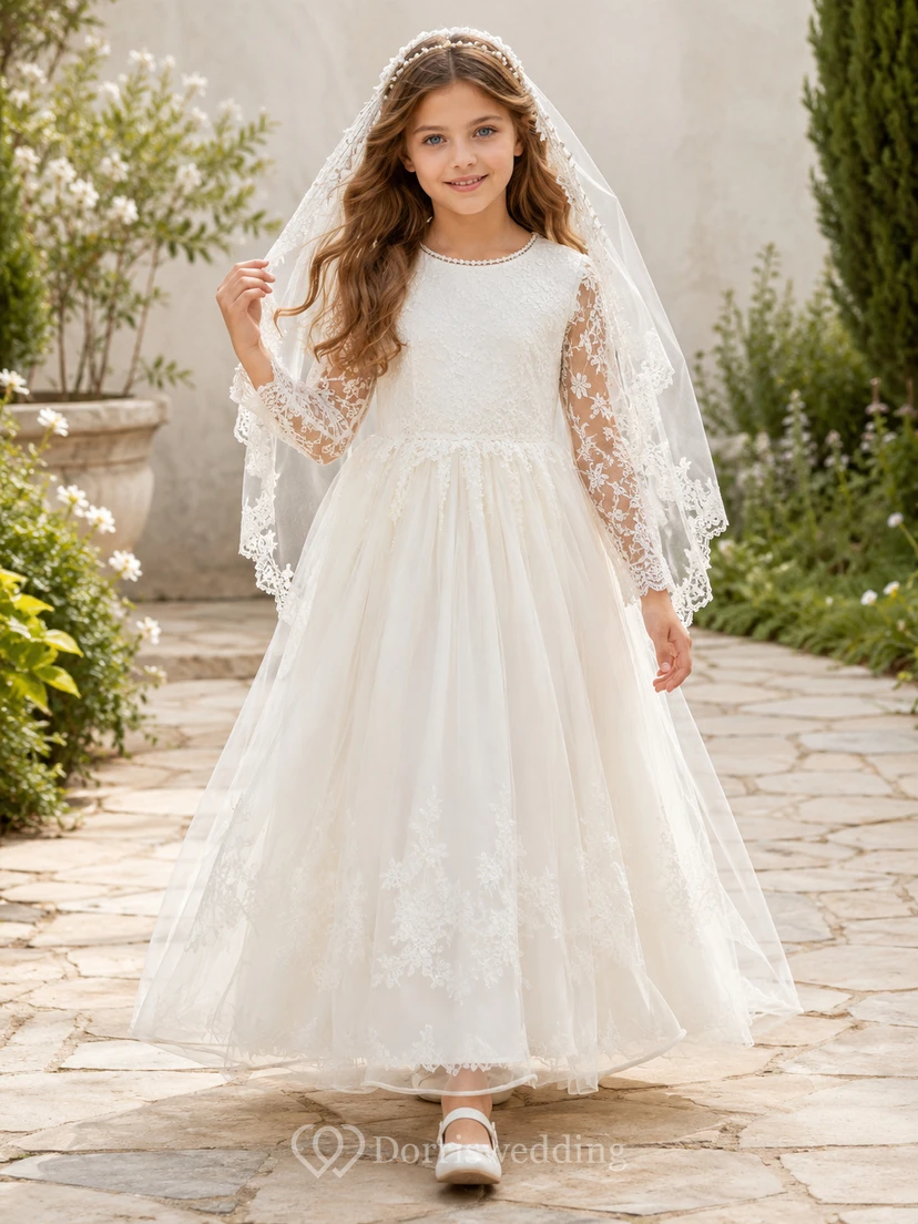 Robe de communion en tulle à col rond et manches longues en dentelle, longueur cheville, col rond et manches longues en dentelle