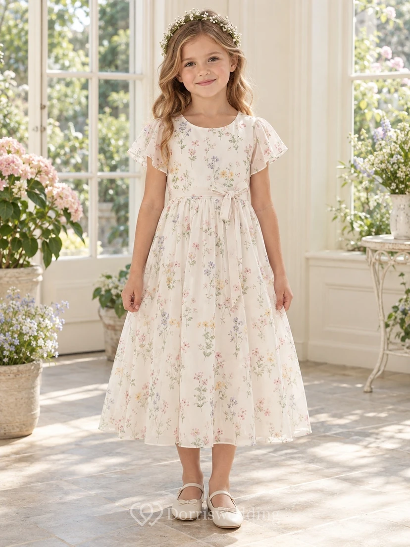 Modest Tea-length Ivory Floral Flutter Sleeve Jewel Neck Chiffon Flower Girl Dress