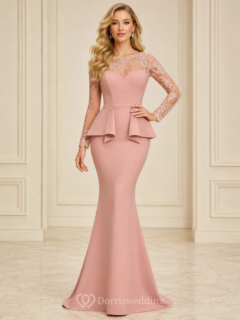 Abendkleid in Altrosa mit langen Ärmeln, Schößchen und Meerjungfrauenschnitt, bodenlang, aus Spitze und Illusionseffekt