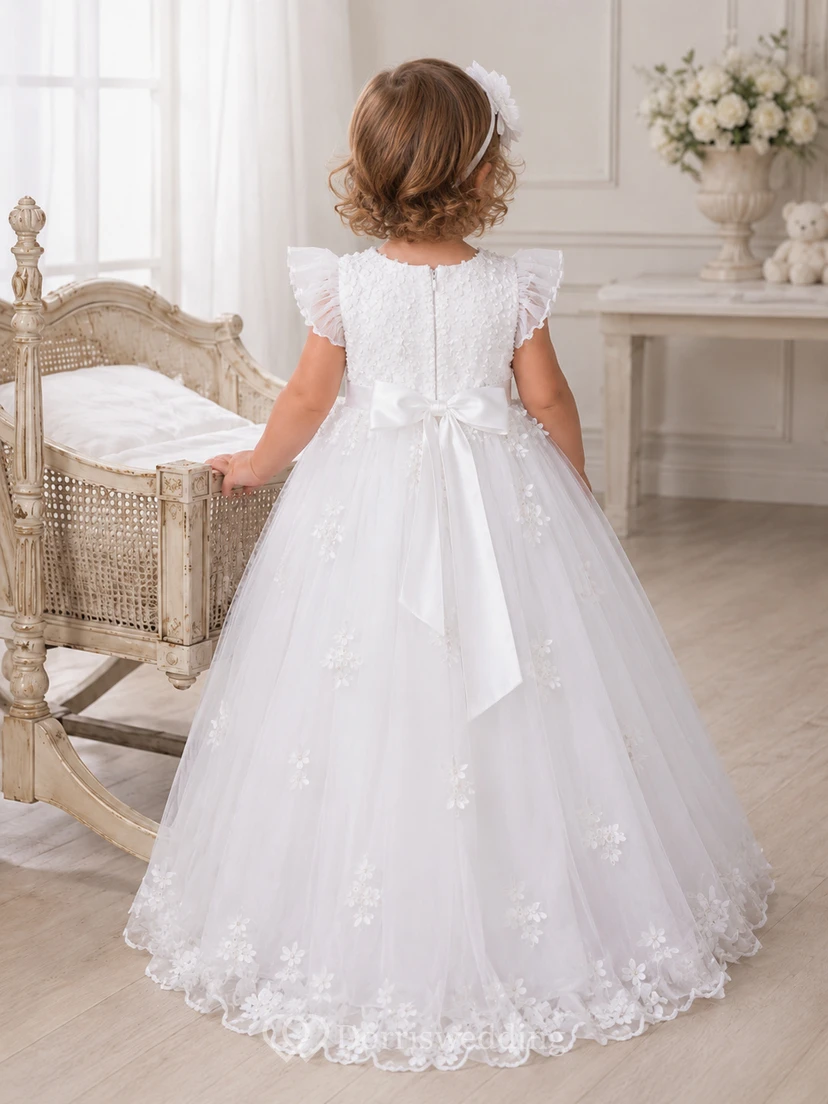 Taufkleid mit floralen Applikationen, A-Linie, Tüllspitze, flatternden Ärmeln und Schleife am Rücken view 2