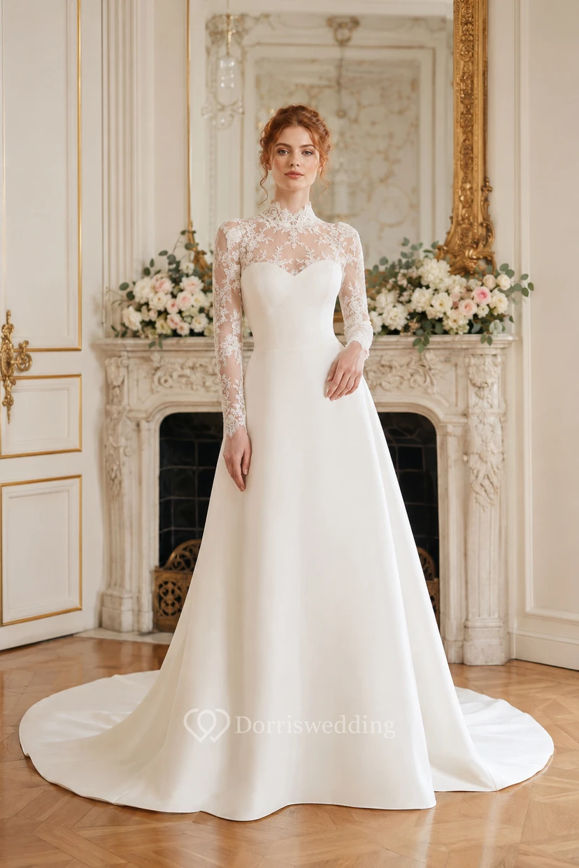 Weißes Brautkleid aus Satin mit Illusionsspitzenärmeln und A-Linie