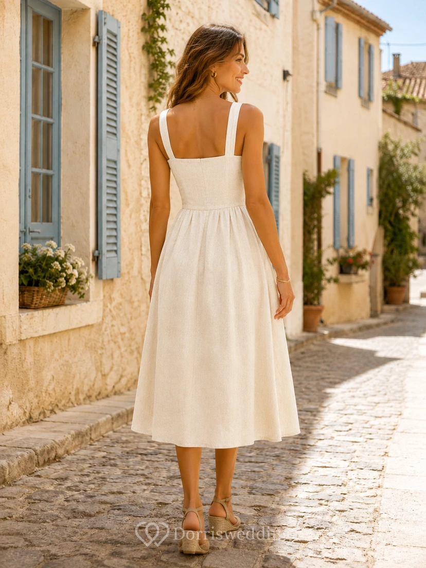 Cream square neck wide strap linen vacation midi dress view 2