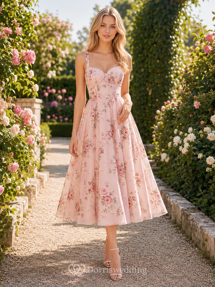 Blush floral spaghetti strap A-line garden party midi dress