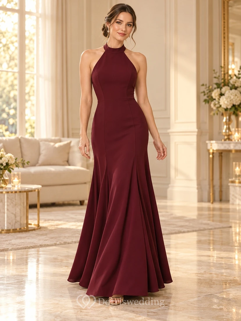 Simple Mermaid Burgundy High Neck Halter Flared Panel Formal Gown