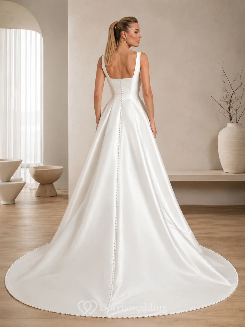 Robe de bal sans manches en satin ornée d'un col carré et d'une traîne cathédrale, ornée d'un nœud sculptural, pour un mariage de destination. view 2