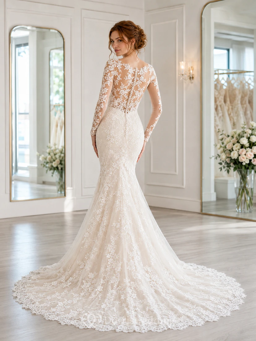 Lace Wedding Dress Mermaid V-Neck Long Sleeve Chapel Train Bridal Gown view 2