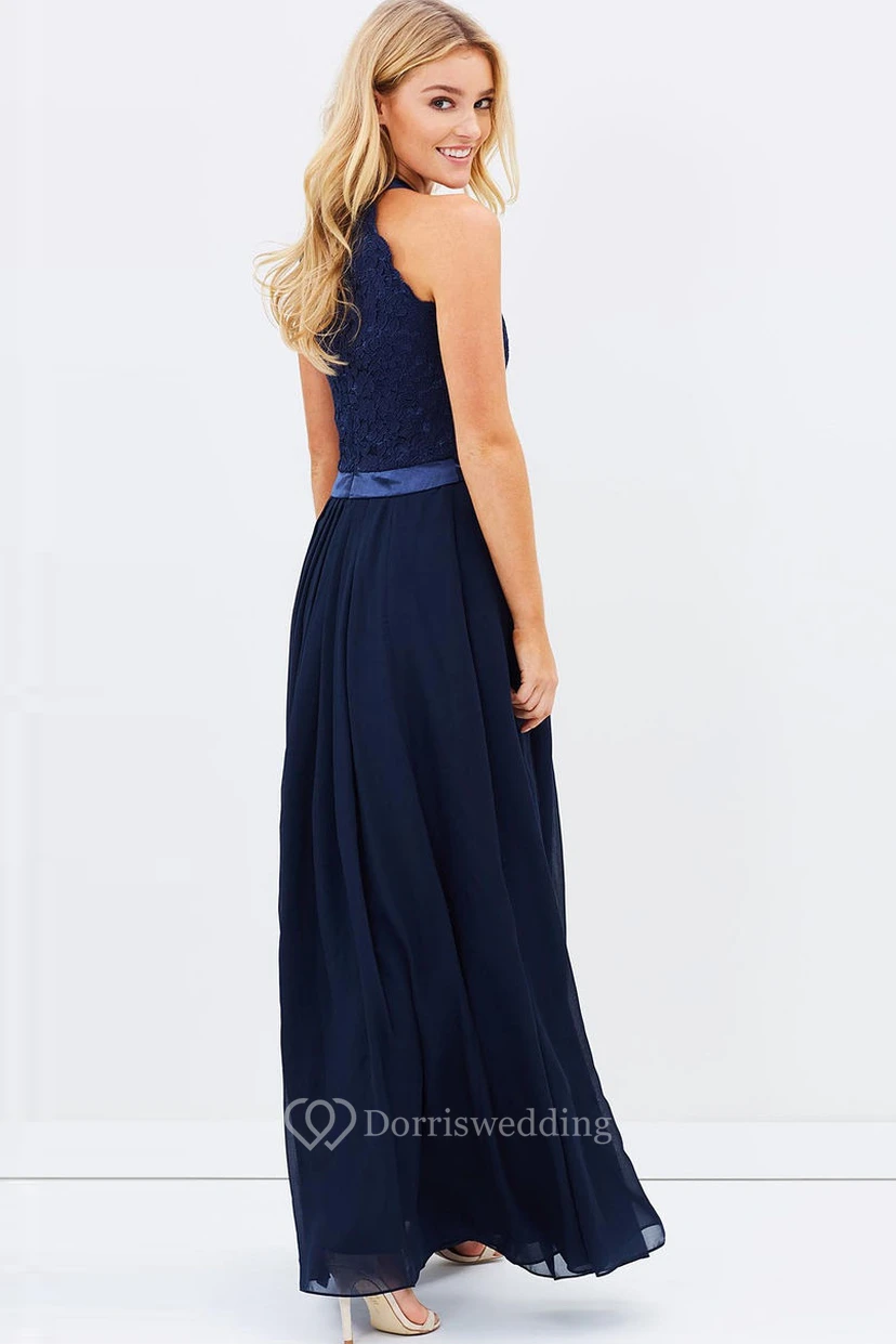 A-Line Appliqued Sleeveless Ankle-Length Scoop Chiffon Blue Bridesmaid Dress With Zipper Back And Pleats view 2