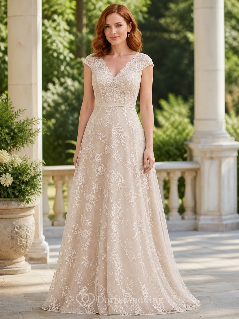 Vestido de novia modesto de corte A, escote en V, mangas cortas y encaje, largo hasta el suelo
