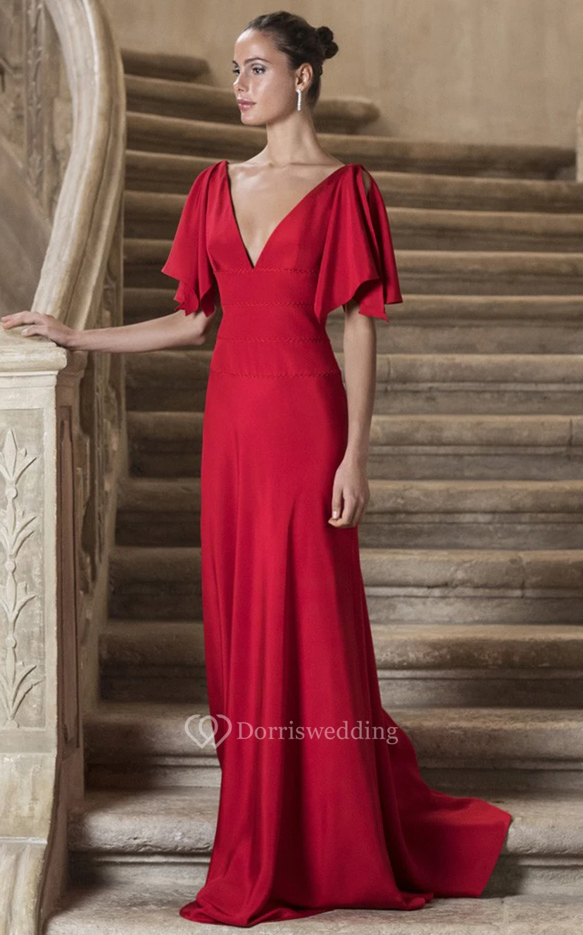 Elegantes, bodenlanges A-Linien-Abendkleid aus Satin mit V-Ausschnitt view 2