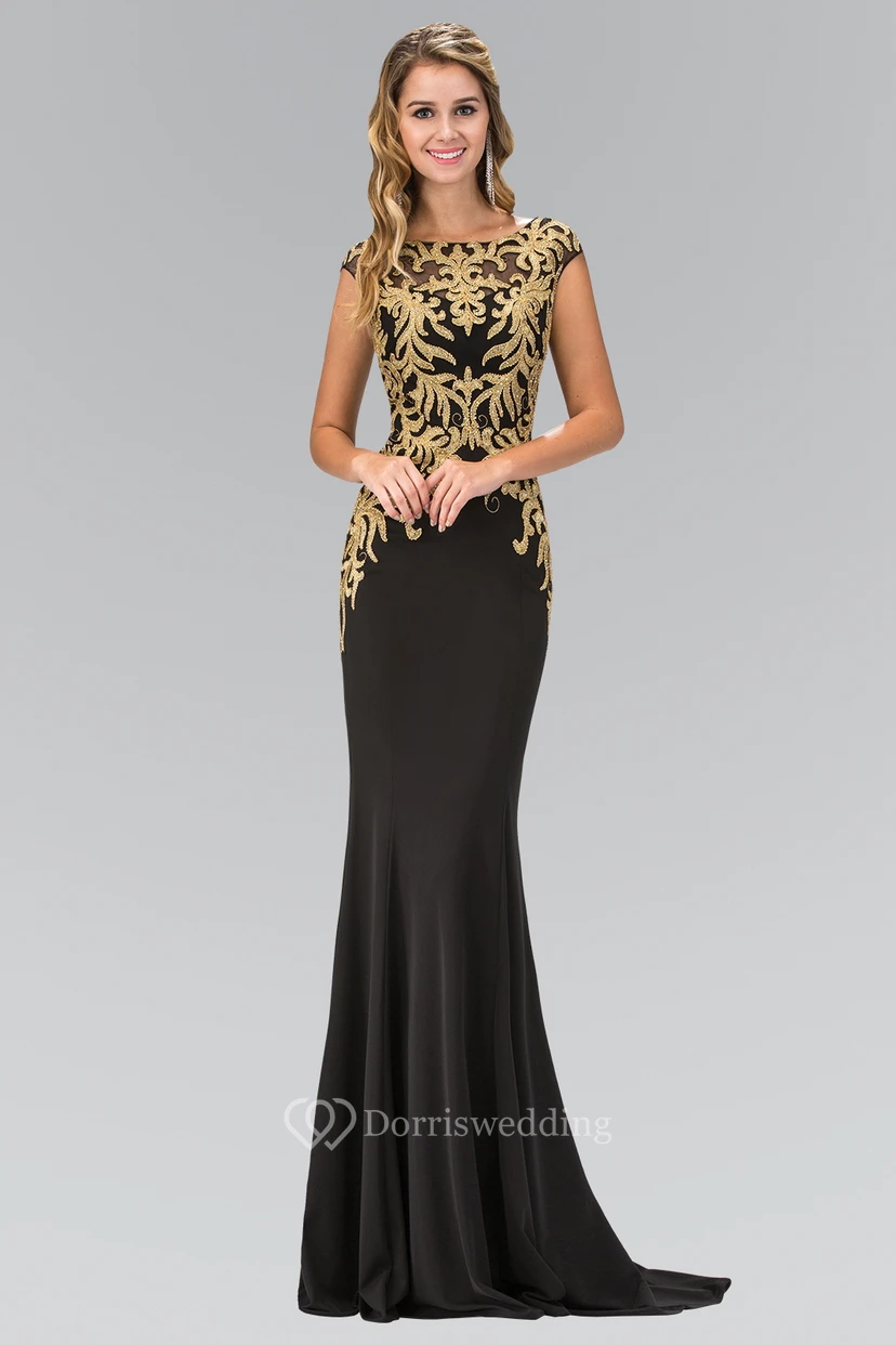 Sheath Maxi Bateau Cap-Sleeve Jersey Illusion Dress With Beading And Pleats