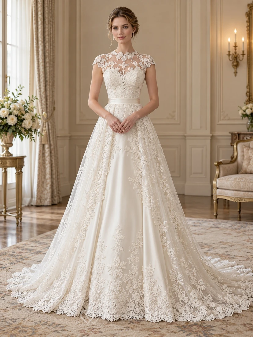 High Neck Cap Sleeve Floral Lace Full A-Line Wedding Dress