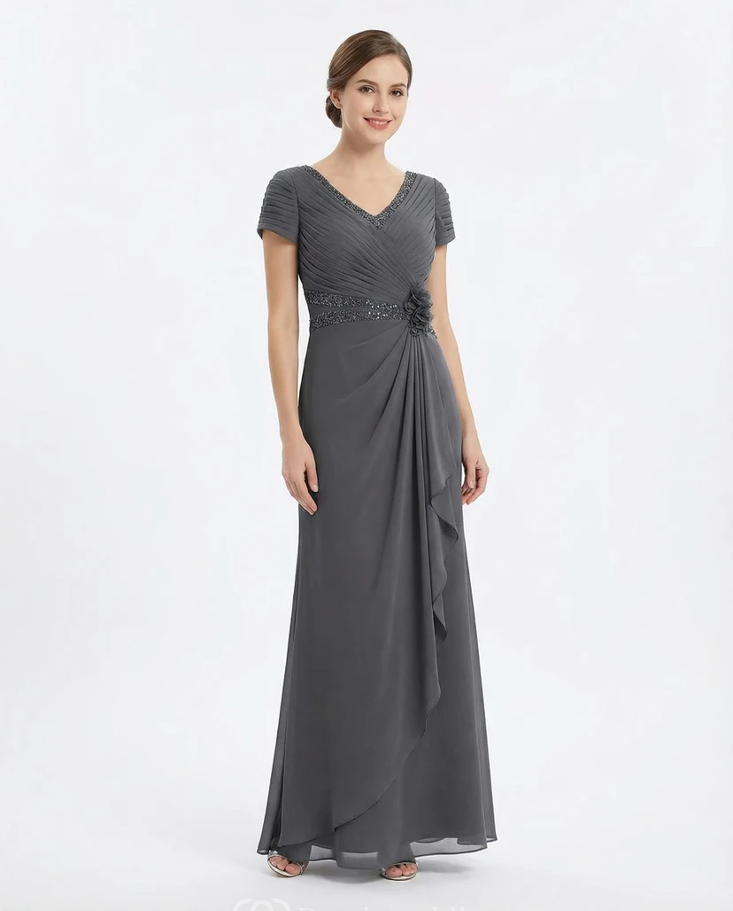 Beaded Jersey V-Neck Dress with Draping