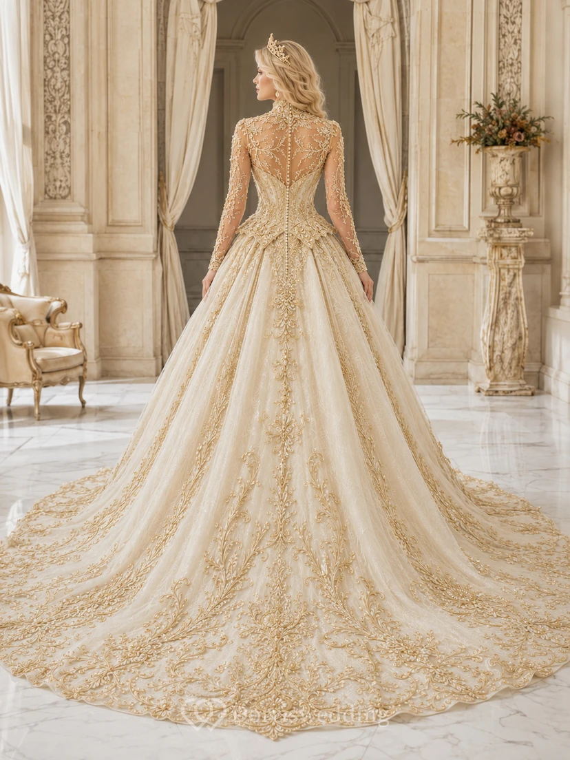 Robe de mariée de bal en dentelle perlée à manches longues et col montant, traîne cathédrale illusion view 2