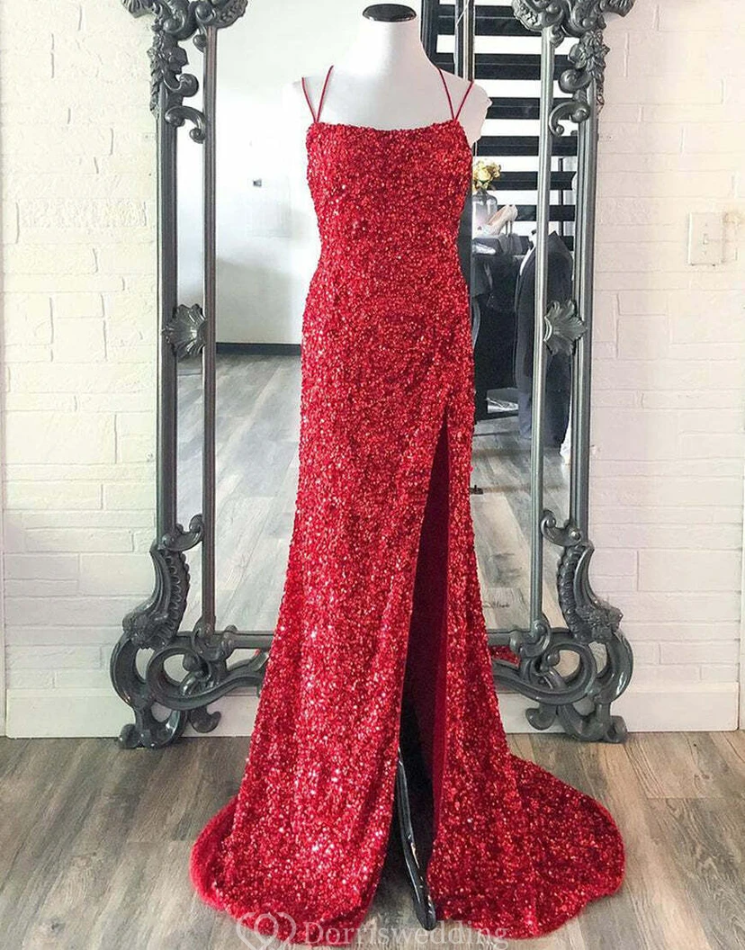 Spaghetti Sexy Front Split Sequin Sheath Floor-length Dress view 9