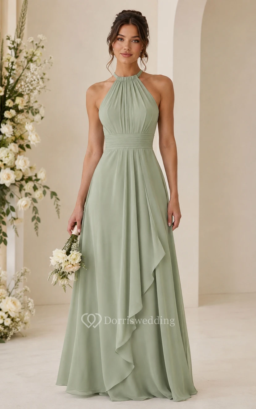 Sage Halter A-Line Chiffon Bridesmaid Dress with Cascade Drape