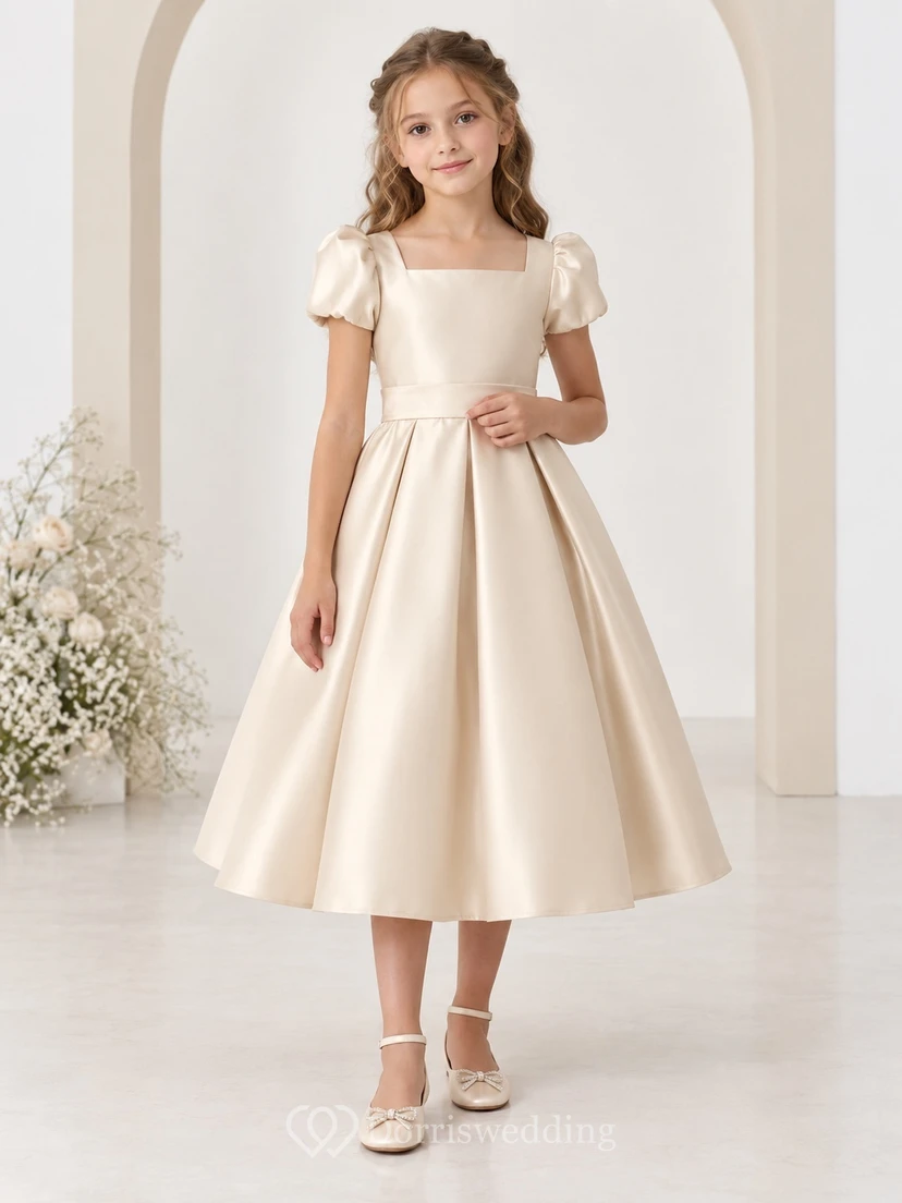 Tea-length Square-Neck Simple Ivory A-line Satin Puff-sleeve Bow-back Flower Girl Dress