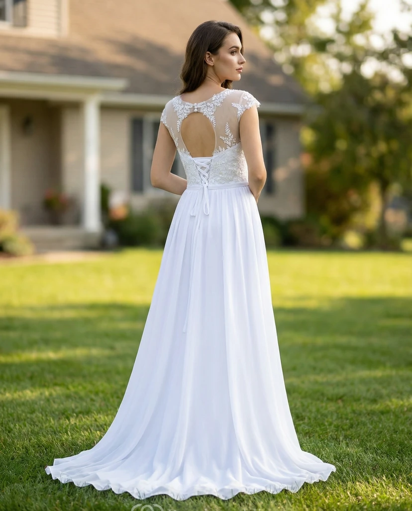 Cap Sleeve Chiffon A-Line Dress with Front Slit view 2