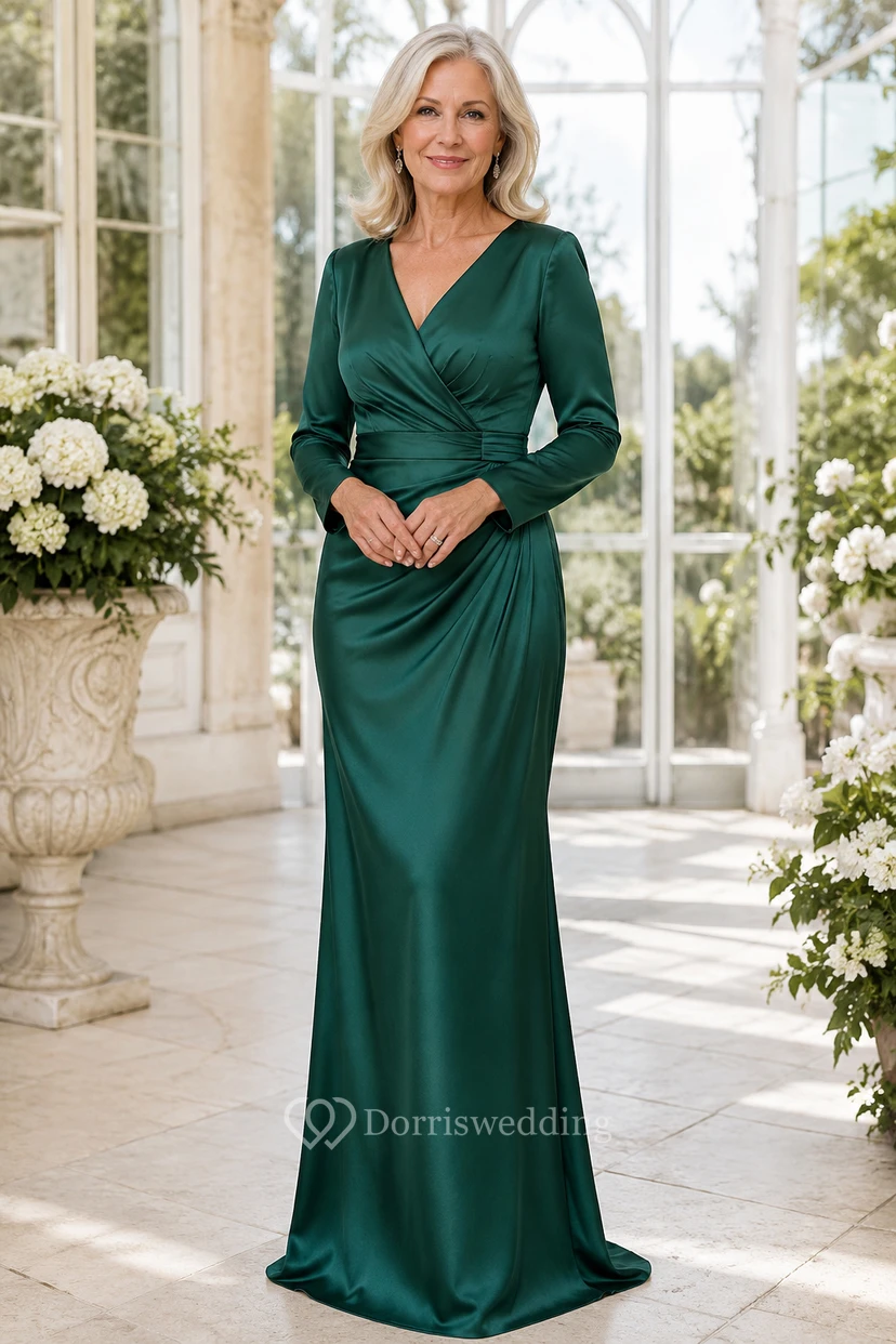 Robe fourreau en satin vert foncé à col en V et manches longues, idéale pour la mère.