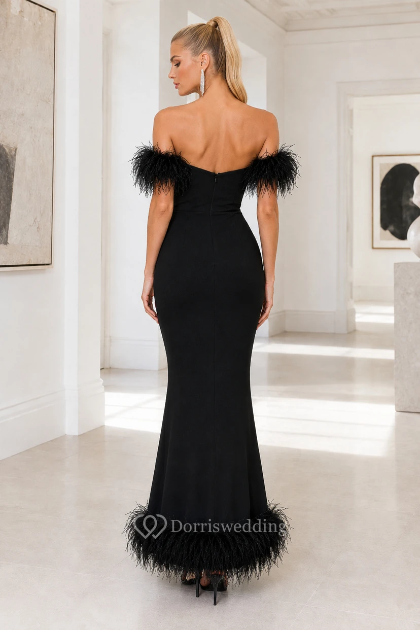 Black Strapless Mermaid Formal Dress with Feather Sleeve Trim and Feather Hemline view 2