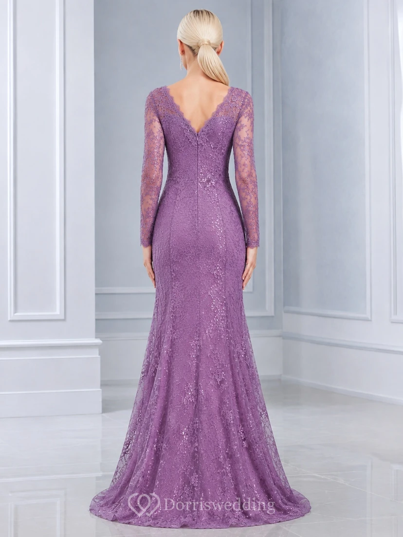Mauve Long Sleeve V-Neck Lace Mermaid Sweep Train Modest Formal Prom Gown view 2