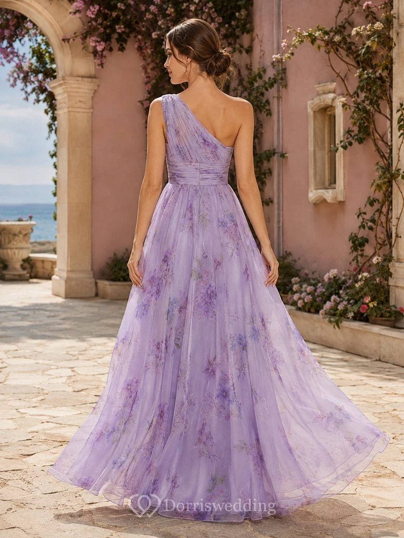 Lavender Floral One-Shoulder Chiffon A-Line Floor-Length Romantic Summer Gown view 2