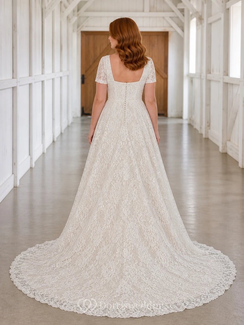 Modest Short Sleeve A-Line Square Neck Botanical Lace Cathedral Train Wedding Gown view 2