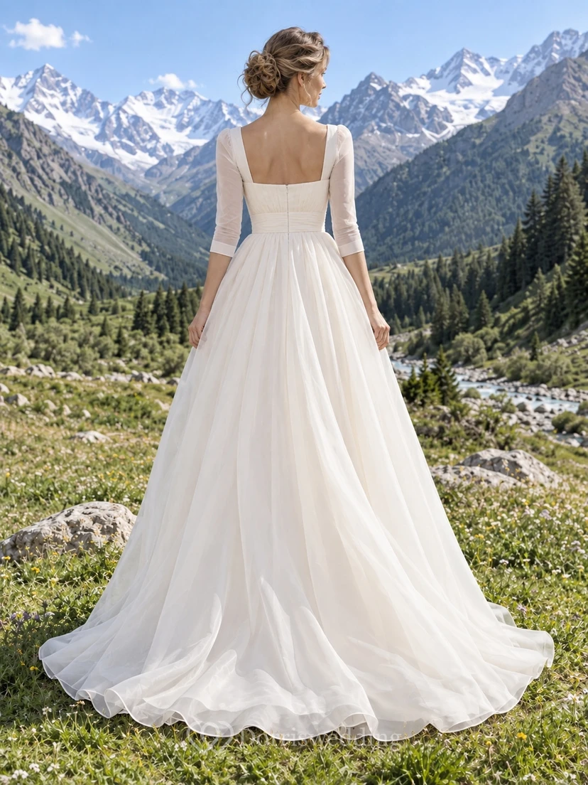 Vestido de novia sencillo de organza con escote cuadrado y mangas tres cuartos view 2