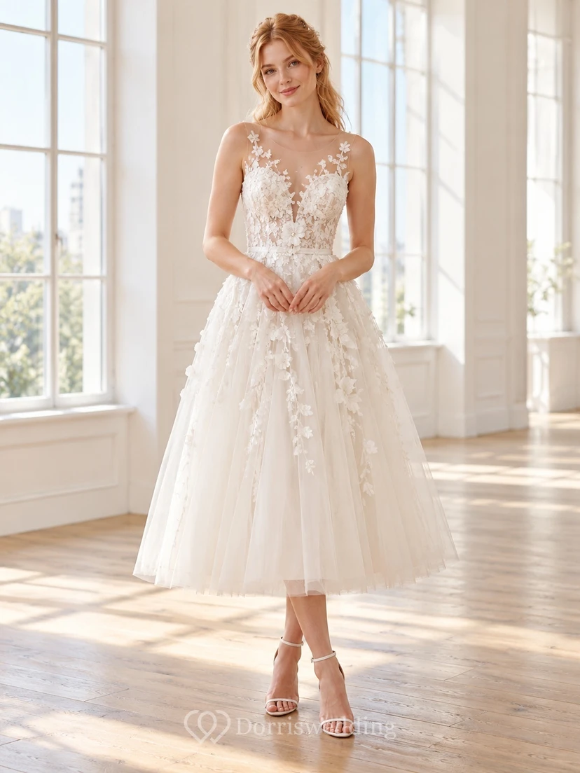 Tea-length Floral Illusion Sleeveless Tulle A-line Bridal Reception Wedding Dress