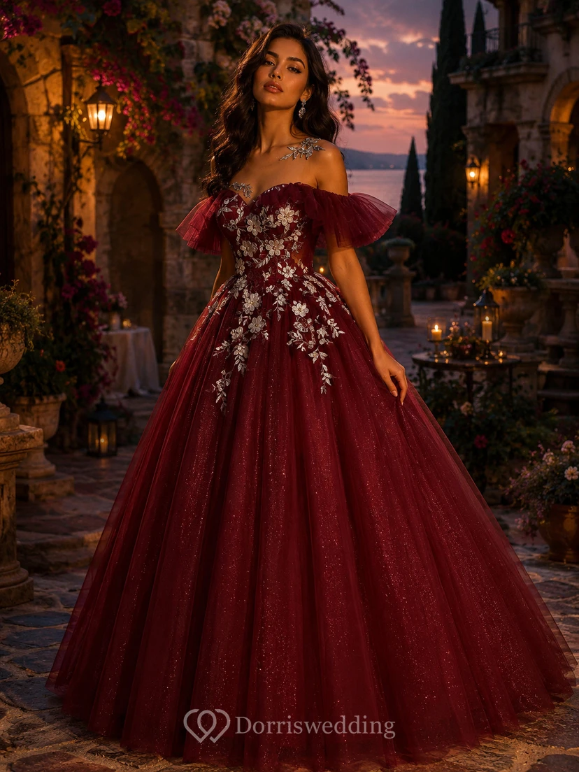 Robe de bal brodée vert clair à épaules dénudées view 7